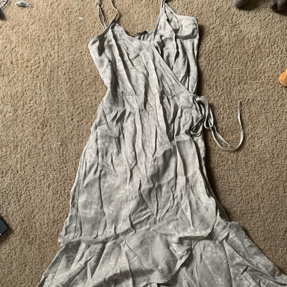 Grey Satin Cheetah Print Wrap Dress